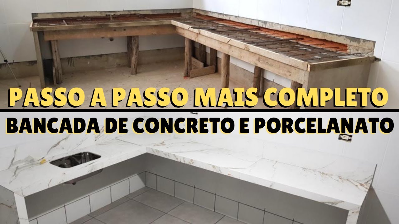 Bancada de CONCRETO revestida com PORCELANATO do INÍCIO ao FIM: montagem, concretagem e revestimento