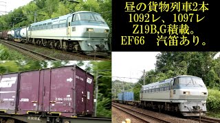 昼の貨物列車2本特集　1092レ、1097レ　EF66牽引　汽笛あり。Z19B,Z19Gコンテナ積載。