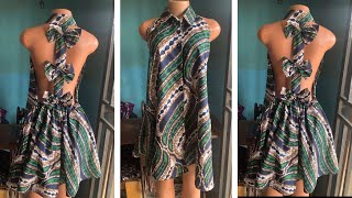 How to cut and sew a backless halter-neck collered short gown with bows, straps and pocket 