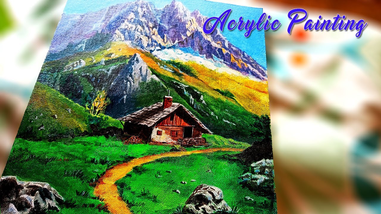 A house in the snow covered mountains painting | Acrylic painting