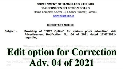 JKSSB Edit Option for Correction Adv. 04 of 2021