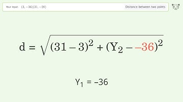 Find the distance between two points p1 (3,-36) and p2 (31,-20): Step-by-Step Video Solution