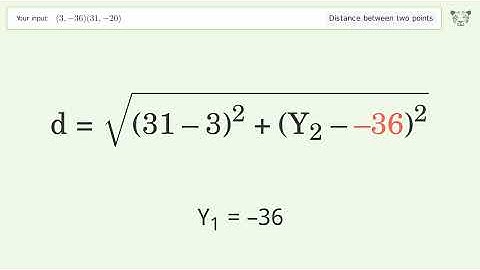 Find the distance between two points p1 (3,-36) and p2 (31,-20): Step-by-Step Video Solution