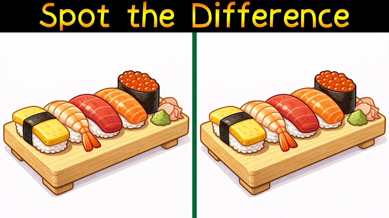 Spot the Difference in an Illustration of Sushi and Wine