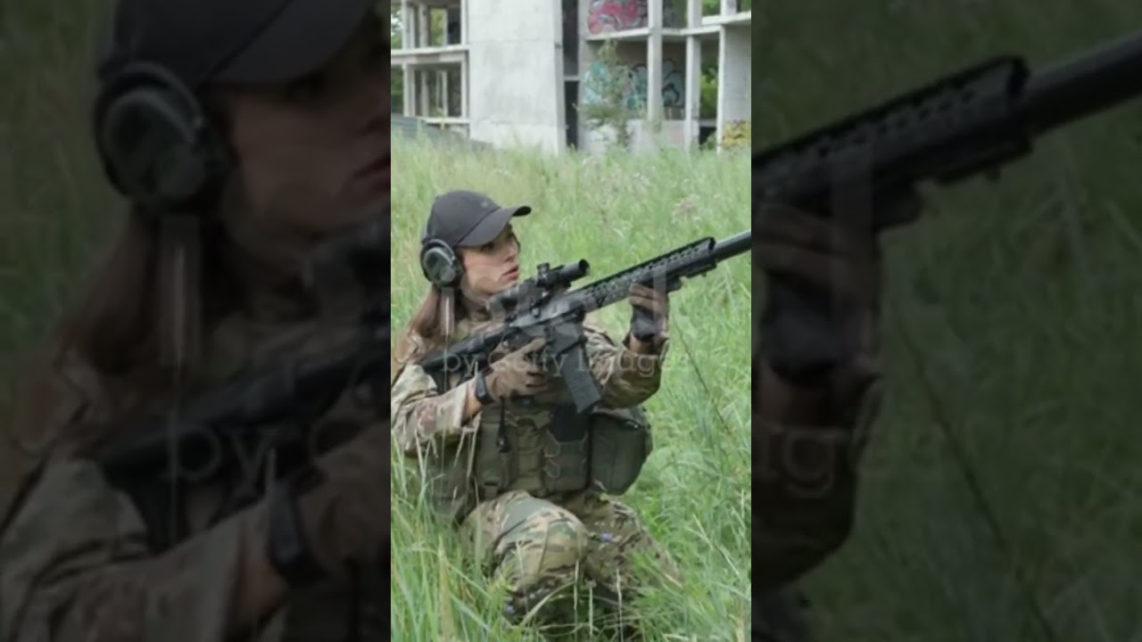 Attractive brave military woman with a gun in forest, survival in wild forest