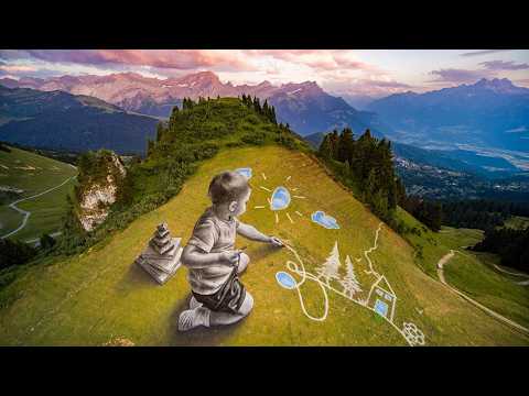 Child's play: French artist Saype's giant ephemeral frescoes takeover Swiss alpine resort