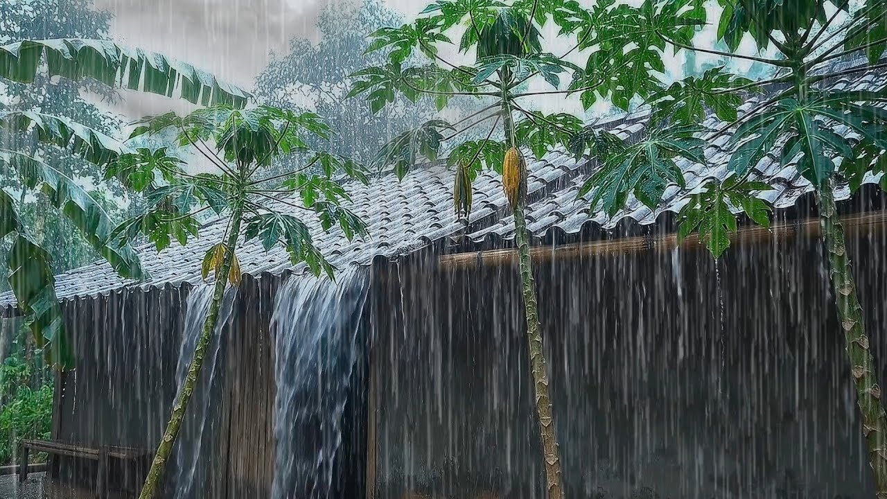 Сильный дождь в тихой деревне | Успокаивающий звук сильного дождя с черепичных крыш🌧️