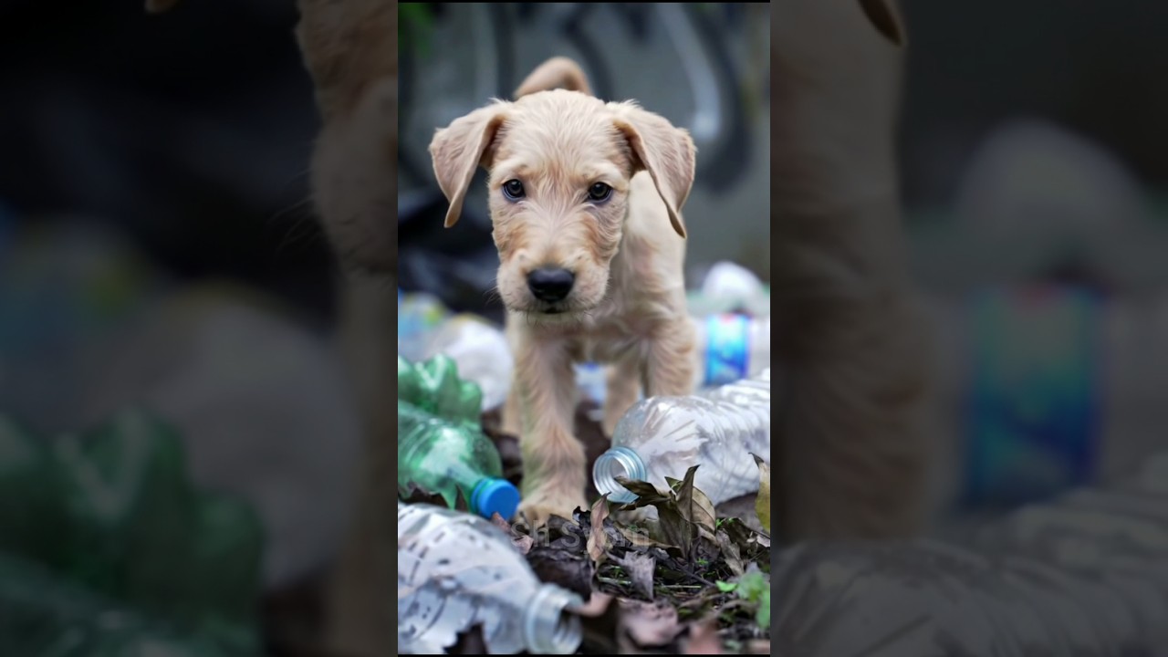 The puppy is sniffing around in the garbage. 🐶😍 