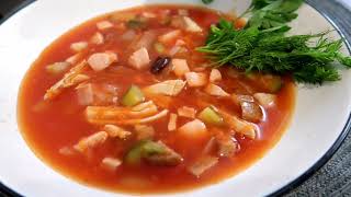 SOLYANKA.Russian sour soup with mixed meat. Russian soup recipe.