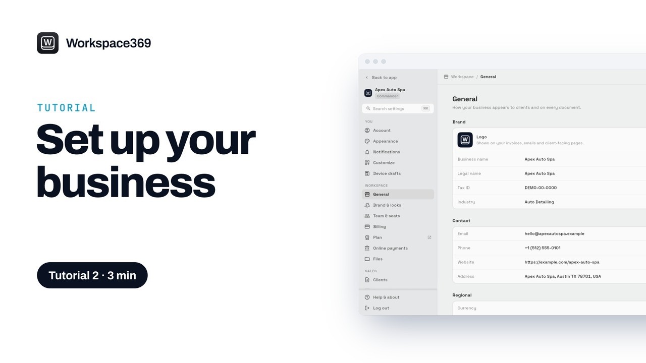 Video tutorial thumbnail: Set up your business in Workspace369
