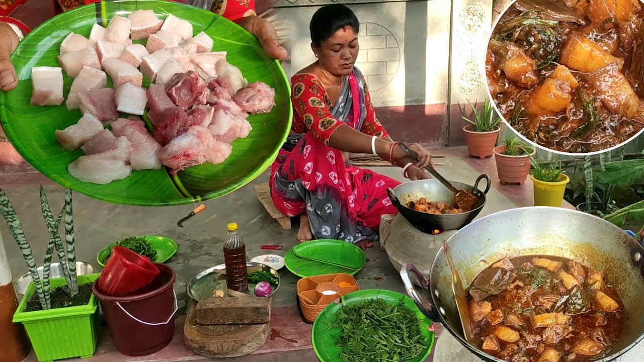 Mukbang Spicy Pork Curry | Village Style Pork And Dheki Shak Recipe ...