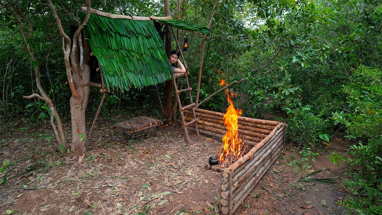 Build Bushcraft Shelter on the Tree only 1Day  - Survival alone in forest , Solo Skills