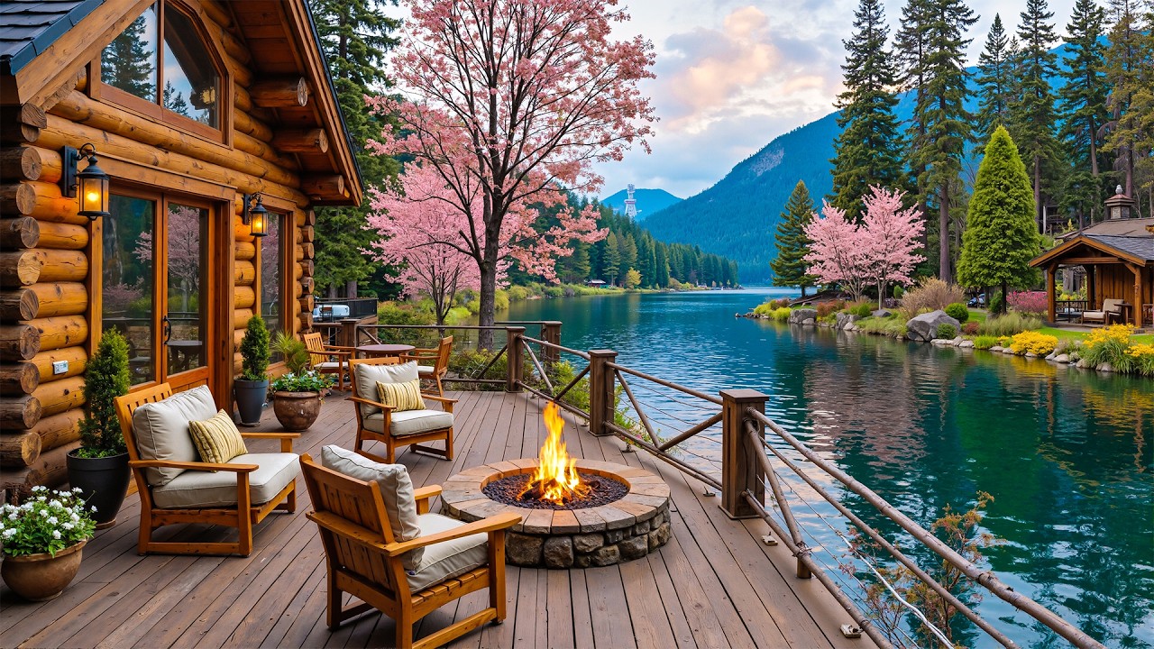 Spring Morning Lakeside Cabin Ambience 🌺 Warm Fireplace Ambience ...