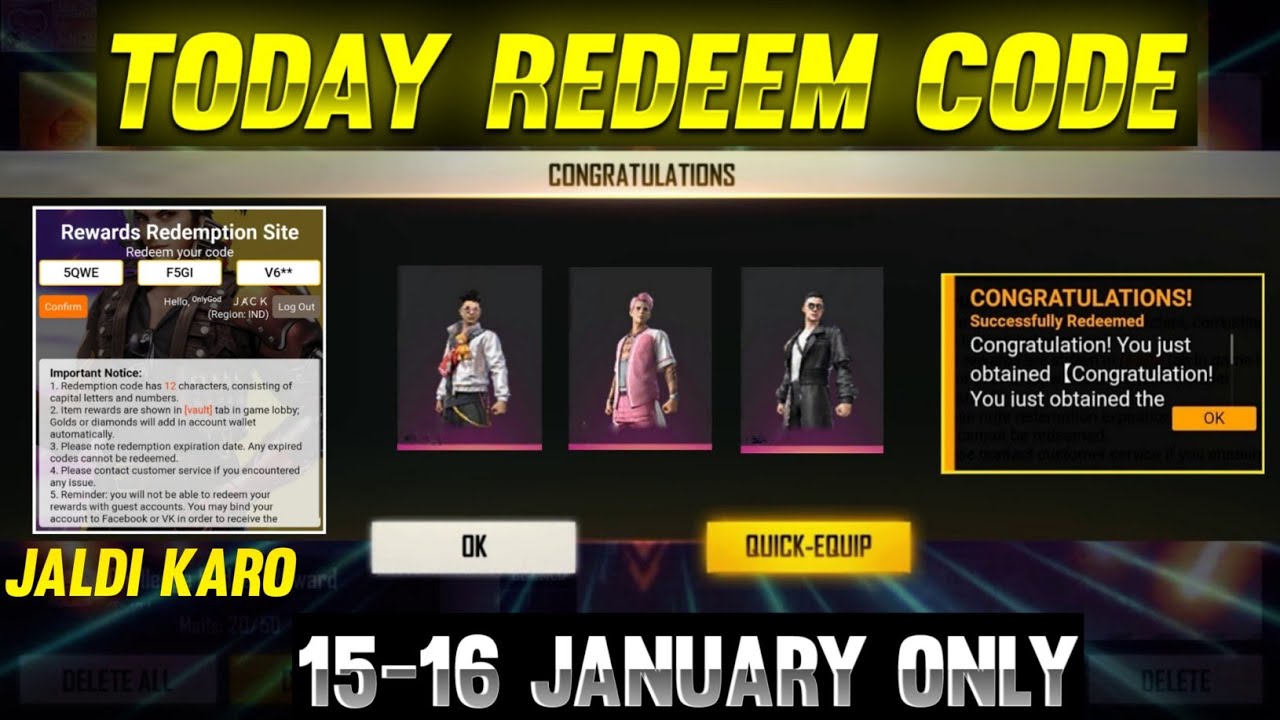 15 JANUARY FREE FIRE REDEEM CODE | TODAY REDEEM CODE FREE FIRE