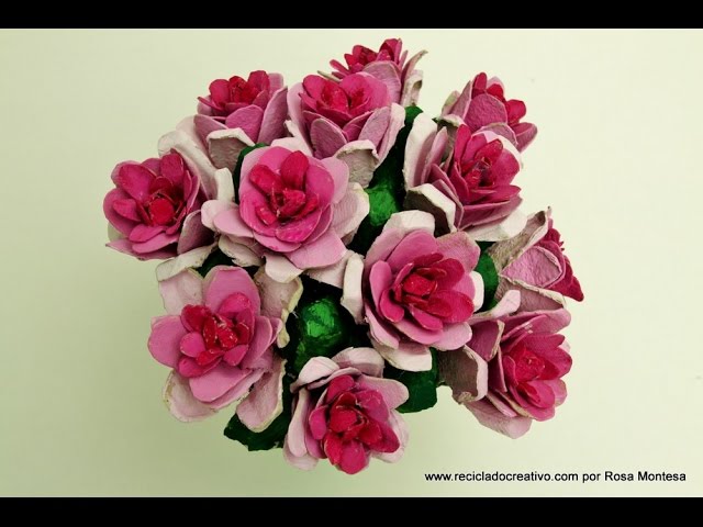 Cómo realizar flores rosas con hueveras de cartón recicladas - How to make  flowers with egg cartons 