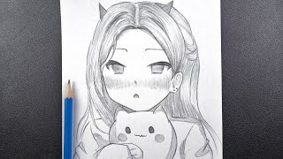 Draw Cute | how to Draw Anime Girl with cat step by step | tutorial Drawing screenshot 1