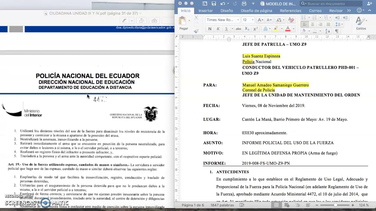Ensayo Del Uso De La Fuerza Policial Ecuador