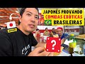 Japonês provando comidas exóticas brasileiras