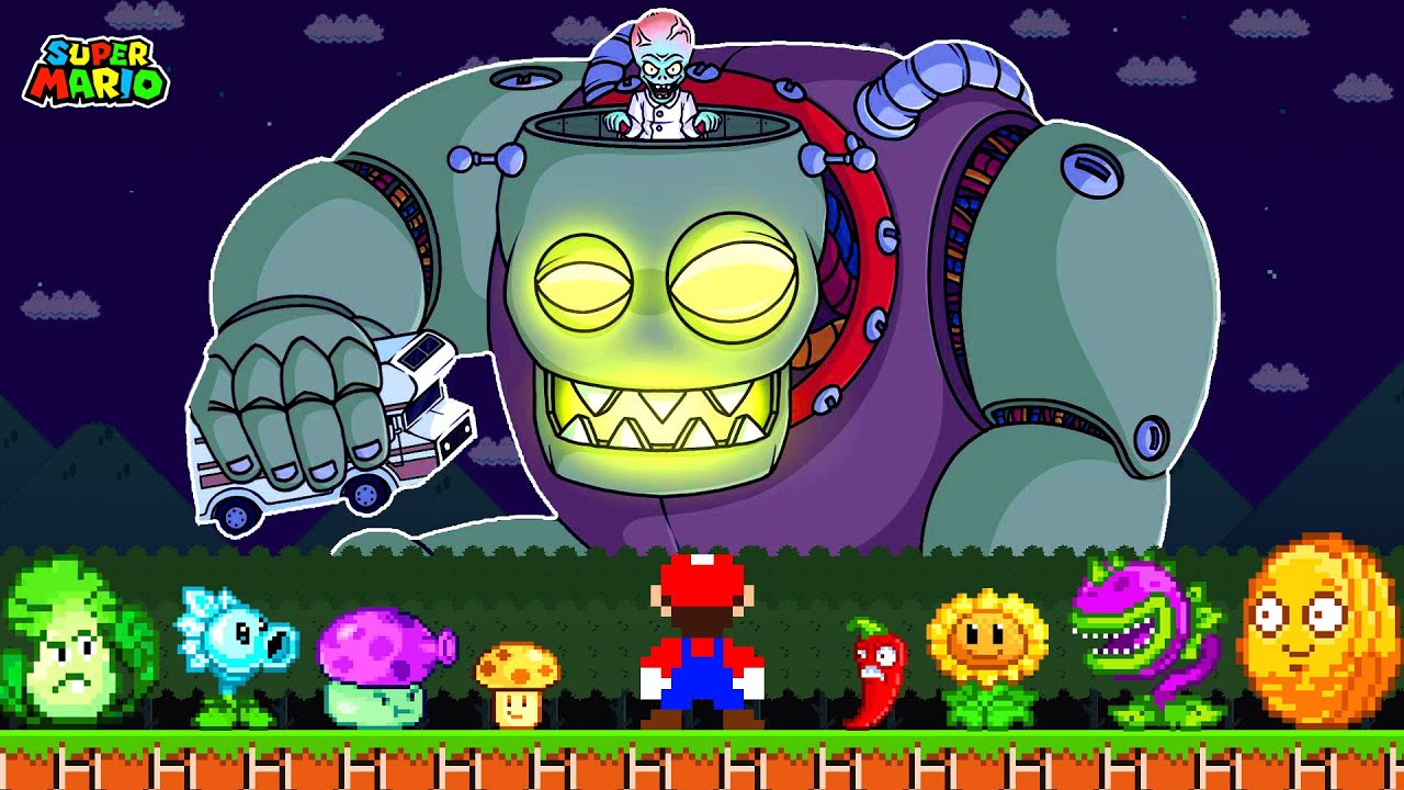 Super Mario Bros., but Mario can upgrade plants to defeat Dr. Zomboss