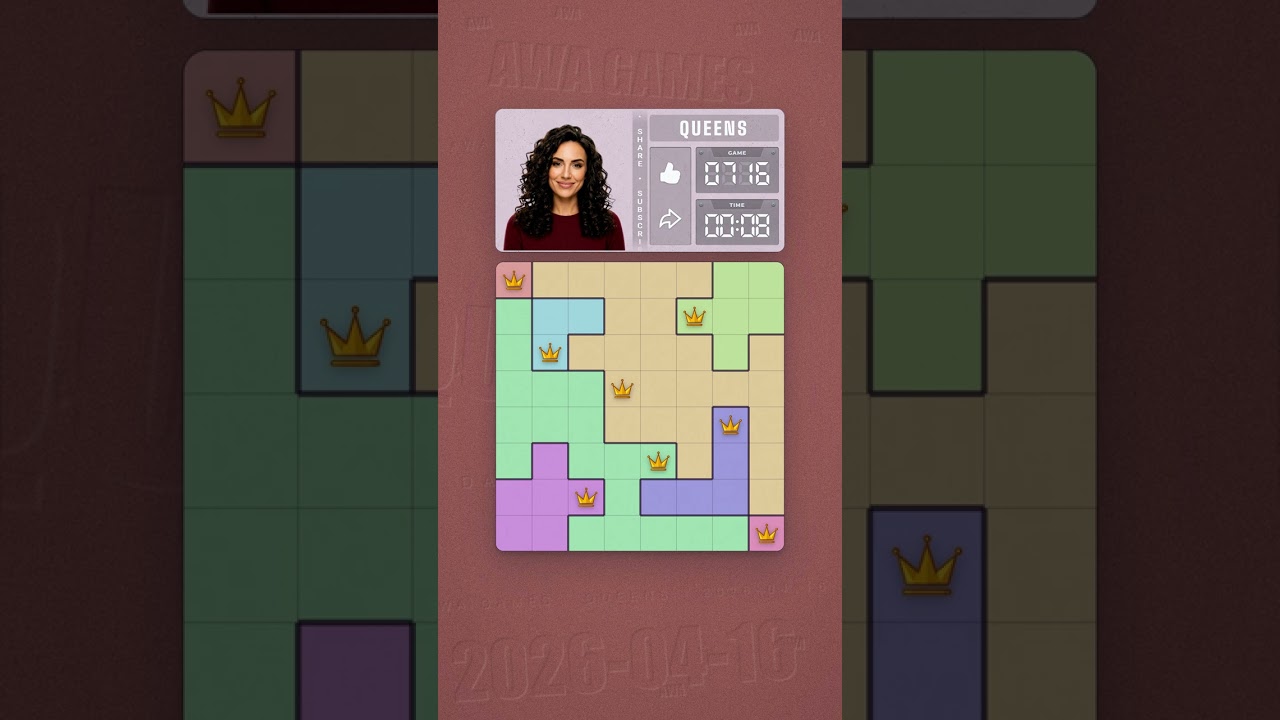 LinkedIn Queens #716 solved board for April 16, 2026, 8x8 grid
