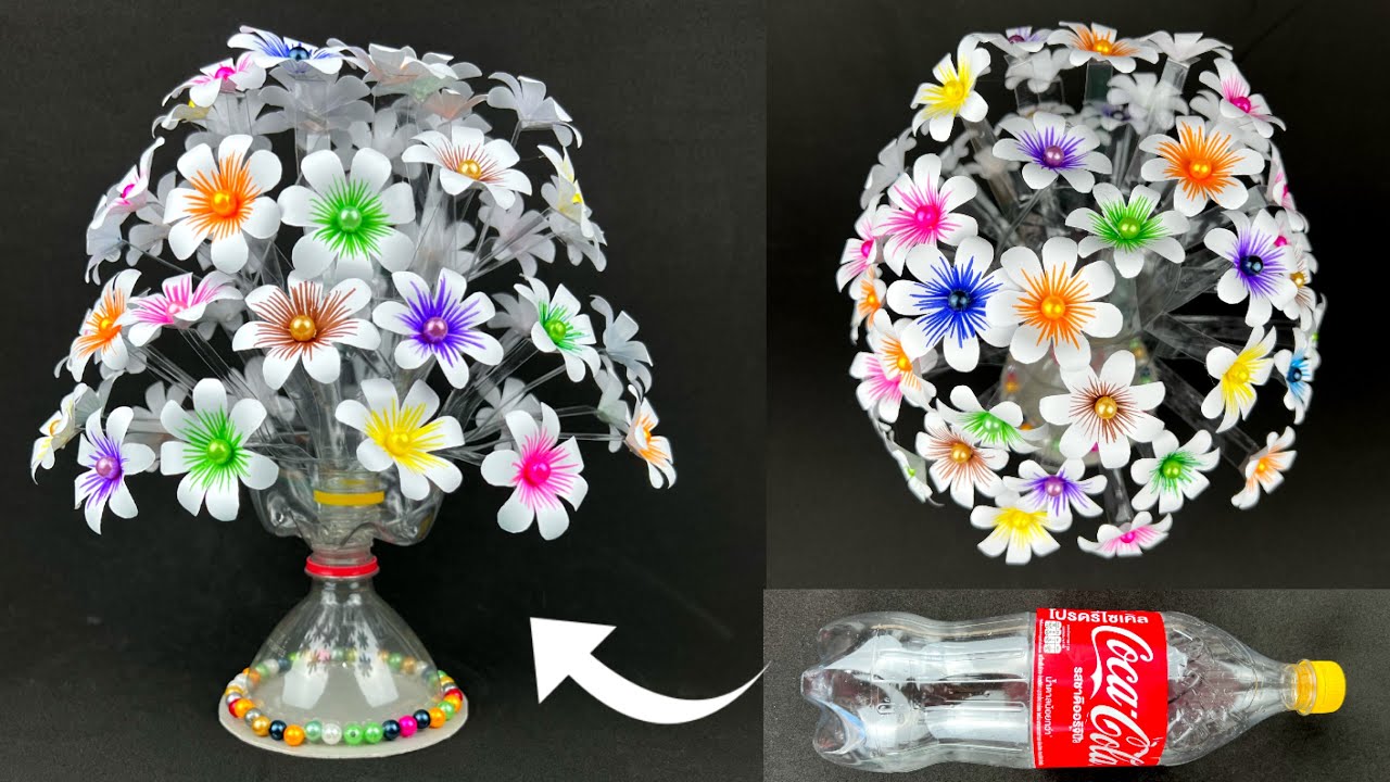 How to make Paper Flower Vase from Plastic bottle. DIY Flower Paper.แจกันดอกไม้กระดาษ