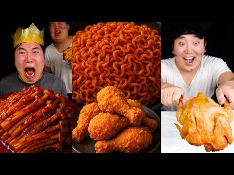 EXTREME Spicy Enoki Mushrooms + Fire Noodles w/ Fried Chicken 🔥 CRAZY Reaction Mukbang | Huba