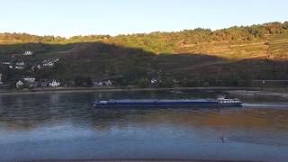 Droneshots binnenvaartschip Saskia Reich op de Rijn bij Oberwesel  | Binnenvaart
