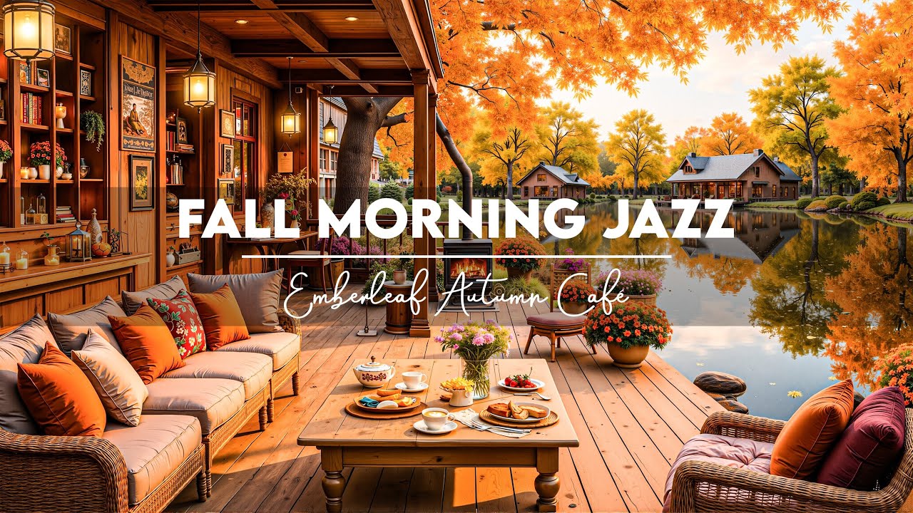 Autumn Lake Cabin Ambience 🍁 Smooth Jazz Instrumental with Fireplace & Falling Leaves for Good Mood