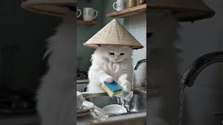 Fluffy cat in hat clumsily washing dishes, suds flying everywhere