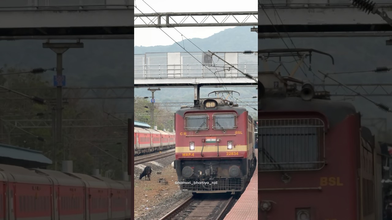 Arrival of 12134 MAJN CSMT KR Rocket 🚀express at Karwar linked with WAP4 locomotive of Bhusawal