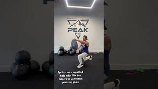 Split-stance squatted hold with 10x bus drivers to 2x frontal press w/ plate