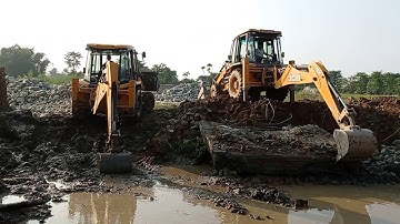 Three JCB Backhoe 3DX Machine Throwing Out Broken Bridge Concrete