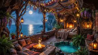 π Moonlit Ocean Sanctuary | Cozy Fireplace Ambience for Sleep & Relaxation