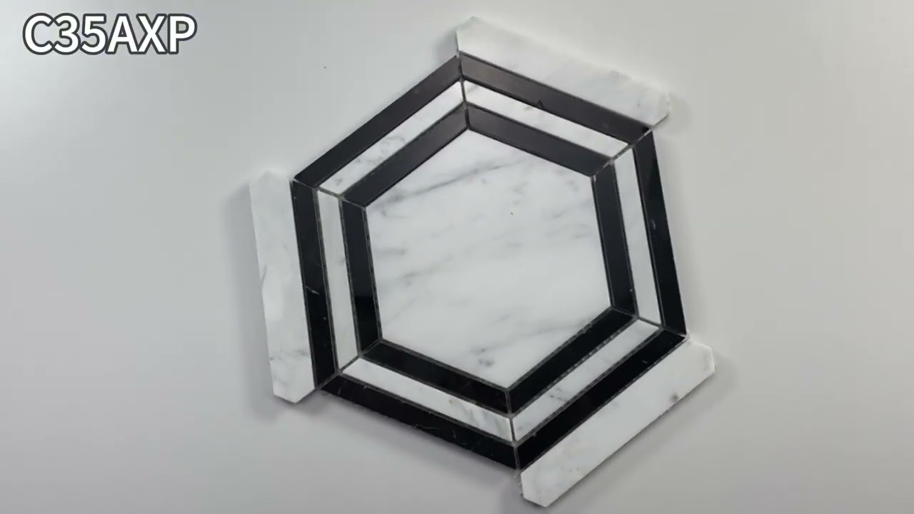 C35AXP Carrara White Marble 5" Hexagon Georama Nero Strip Geometric Mosaic Polished