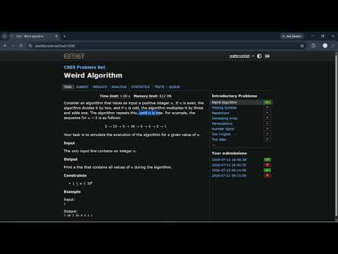 CSES 01 - Weird Algorithm | C++ Solution