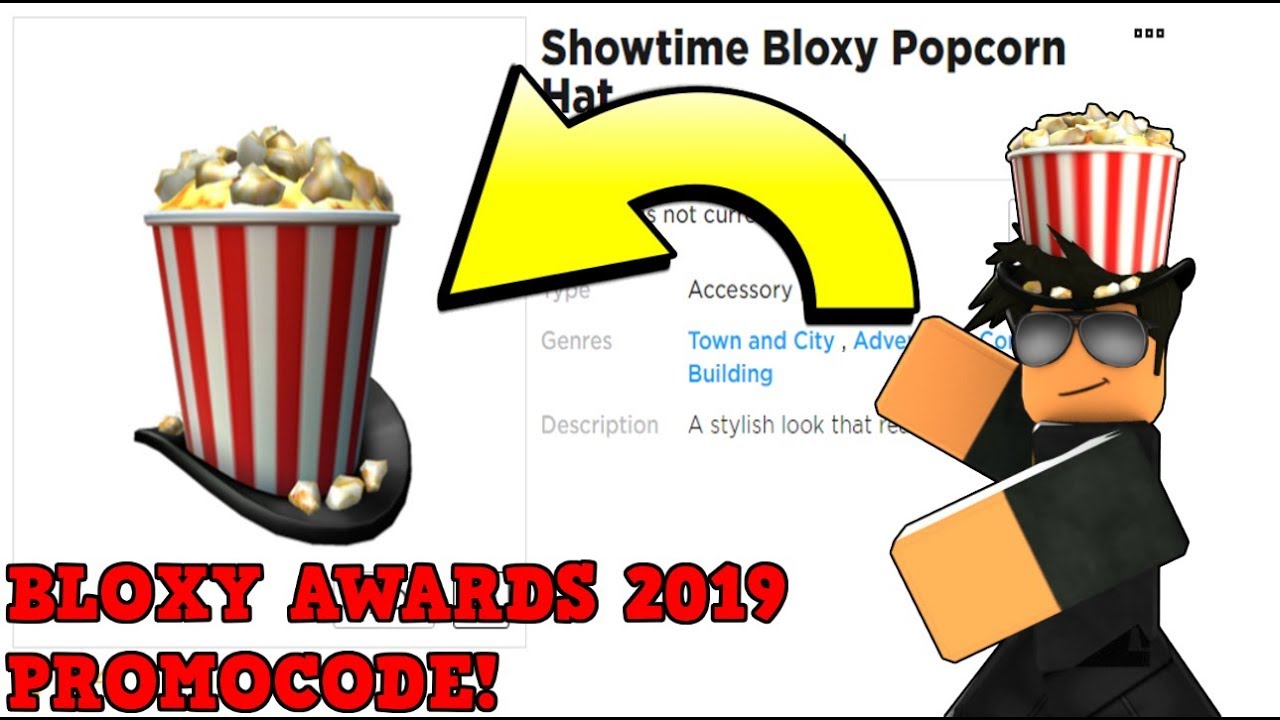 New Promocode Showtime Bloxy Popcorn Hat Roblox Bloxy Awards 2019 Youtube - roblox promo codes bloxys