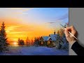 Acrylic landscape painting  winter sunset  easy art  drawing lessons  satisfying relaxing
