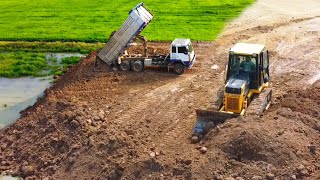 Pleasant Operation Several Dump Trucks Moving Dirt, Stone Filling Pond with Bulldozer Removing Dirt