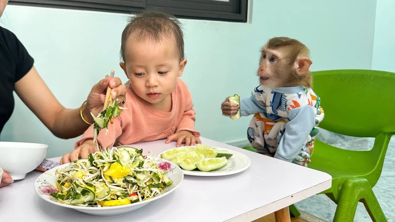 Diem and Monkey Kaka enjoyed the delicious salad made by mom.