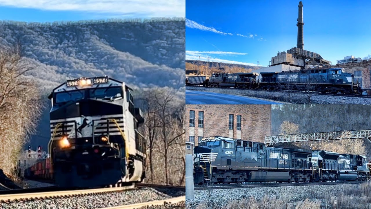 Coal train rolls by old power plant, car knocks over camera, train in