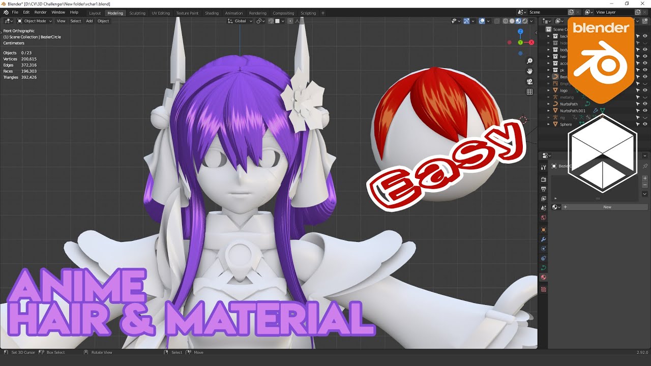 Blender Easy Make Anime Hair With Curves and Hair Material (ENG SUB)