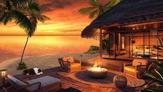 Tropical Beach Porch in Summer Ambience with Crackling Fire, Birdsong & Ocean Waves for Relaxation