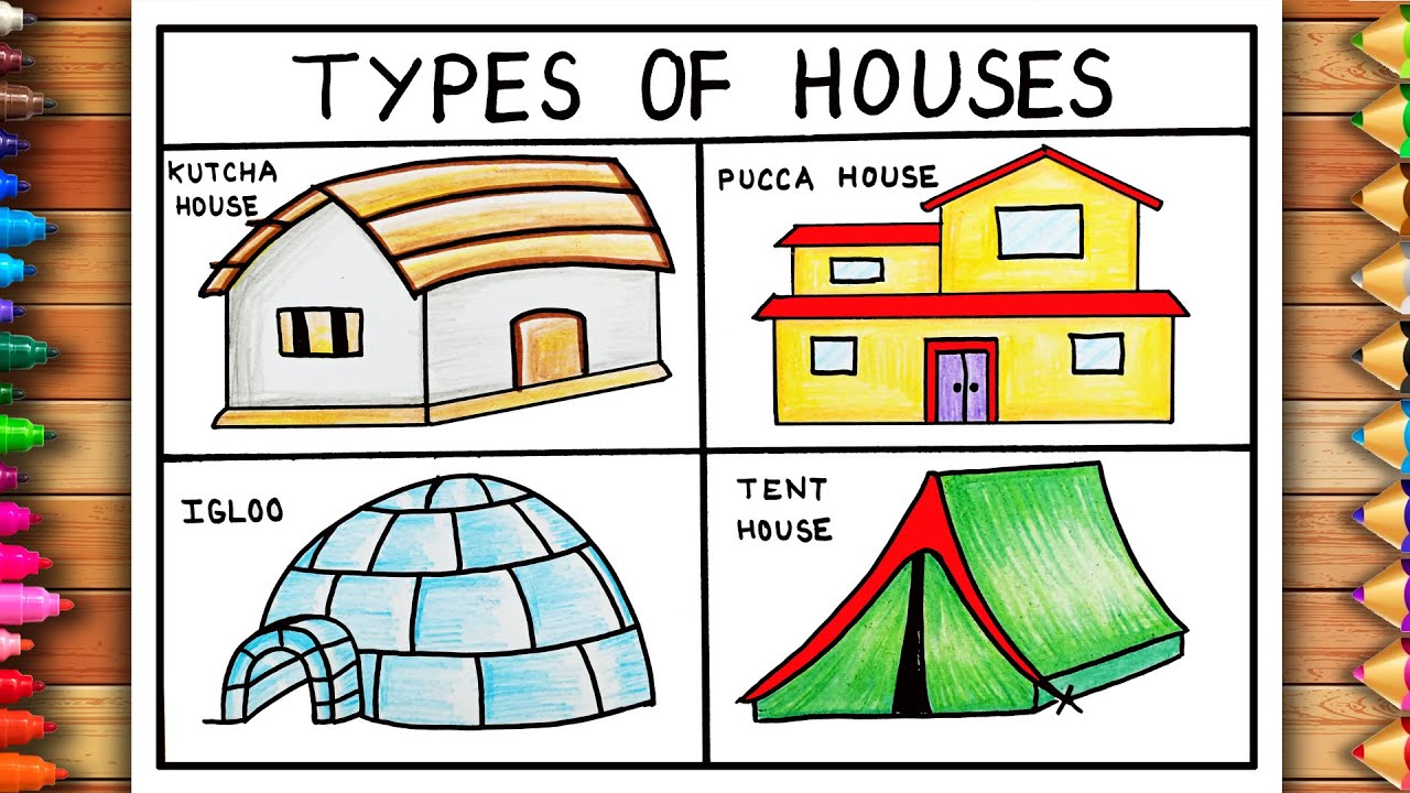 4 Different Types of Houses Drawing | Kutcha House Drawing | Pucca ...