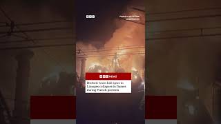 French town hall spire collapses in flames amidst protests #France #Protests #BBCNews