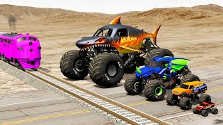 Small to Giant Monster Trucks vs Train and Potholes - BeamNG.drive