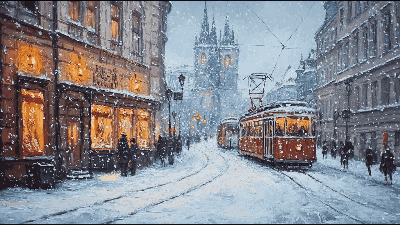 Snowfall on the Old European Tram Street ❄️ Warm Lights & Timeless Vintage Jazz 🎷