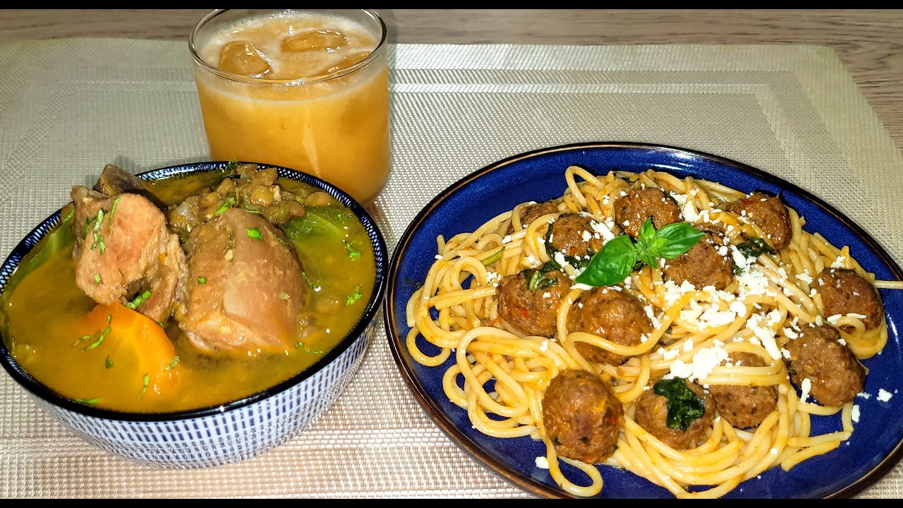 ♨️🥘SOPA DE LENTEJAS CON HUESITOS DE CHANCHO, TALLARÍN 🍜CON ALBÓNDIGAS DE CARNE Y JUGO DE TOMATILLO🥤