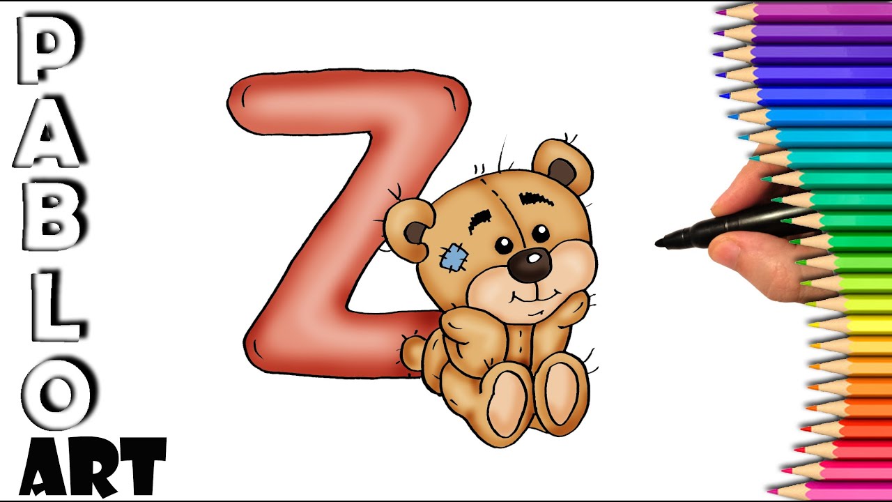 How to Draw letter Z hold by Teddy bear 🐻 Learn to Draw step by