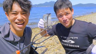 2 Fishermen Camping on Deserted Island. Catching Fish With Bamboo Spear