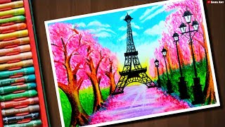 Eiffel tower🗼spring Cherry blossom scenery drawing with oil pastel -Step by step | Nature drawing screenshot 4
